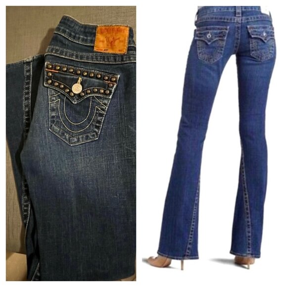 Sz 28 True Religion Joey Flare Jeans with Studded Pockets Low Rise Dark Rinse - Picture 1 of 11
